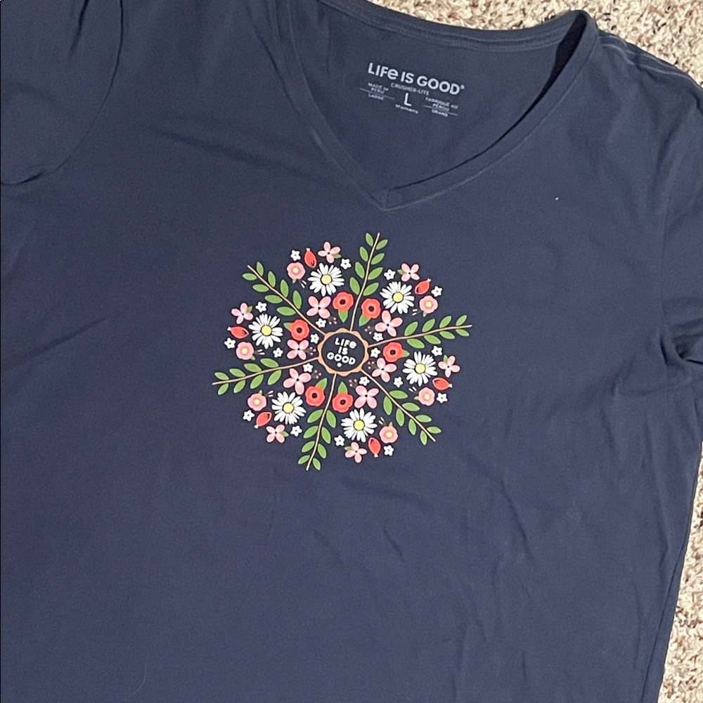 Life Is Good Navy Short Sleeve Tee with Floral Medallion